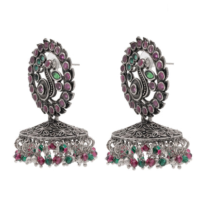 Traditional Indian Matte Silver Oxidised CZ Crystal Studded Peacock Jhumka Earring For Women - Silver Maroon (SJE_123_S_M)