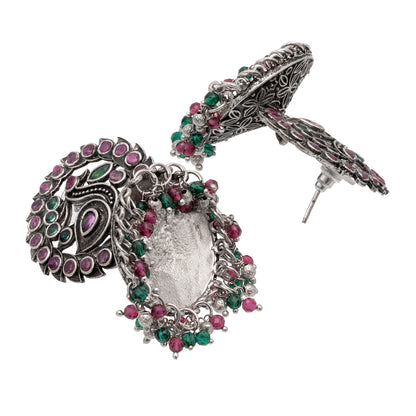 Traditional Indian Matte Silver Oxidised CZ Crystal Studded Peacock Jhumka Earring For Women - Silver Maroon (SJE_123_S_M)