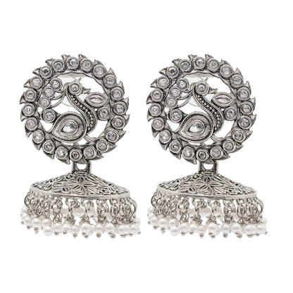 Traditional Indian Matte Silver Oxidised CZ Crystal Studded Peacock Jhumka Earring For Women - Silver Maroon (SJE_123_S_M)