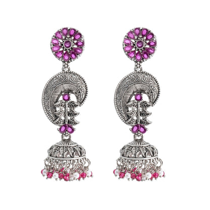 Shining Jewel Traditional Indian Matte Silver Oxidised CZ, Crystal Studded Temple Jhumka Earring For Women - Silver Maroon (SJE_124_S_M)