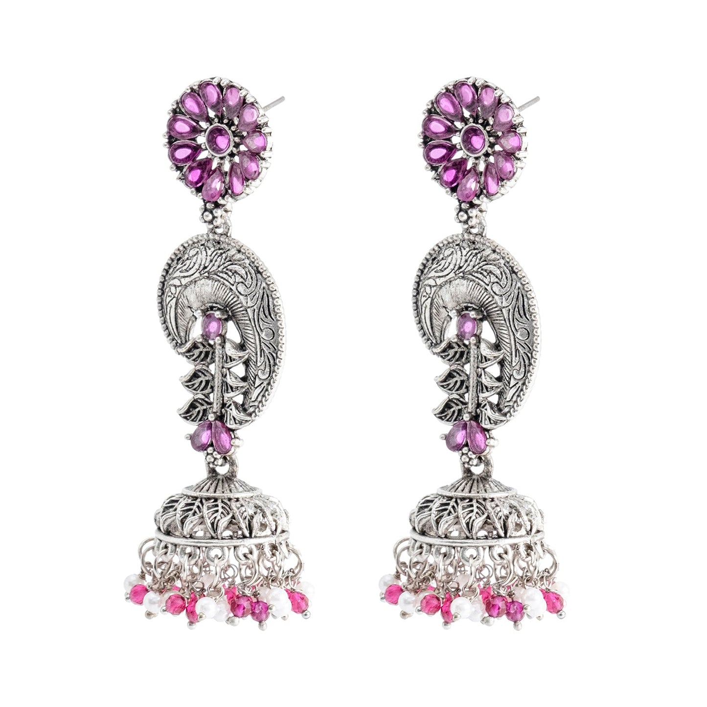 Shining Jewel Traditional Indian Matte Silver Oxidised CZ, Crystal Studded Temple Jhumka Earring For Women - Silver Maroon (SJE_124_S_M)