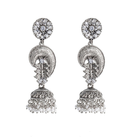 Shining Jewel Traditional Indian Matte Silver Oxidised CZ, Crystal Studded Temple Jhumka Earring For Women - Silver White (SJE_124_S_W)