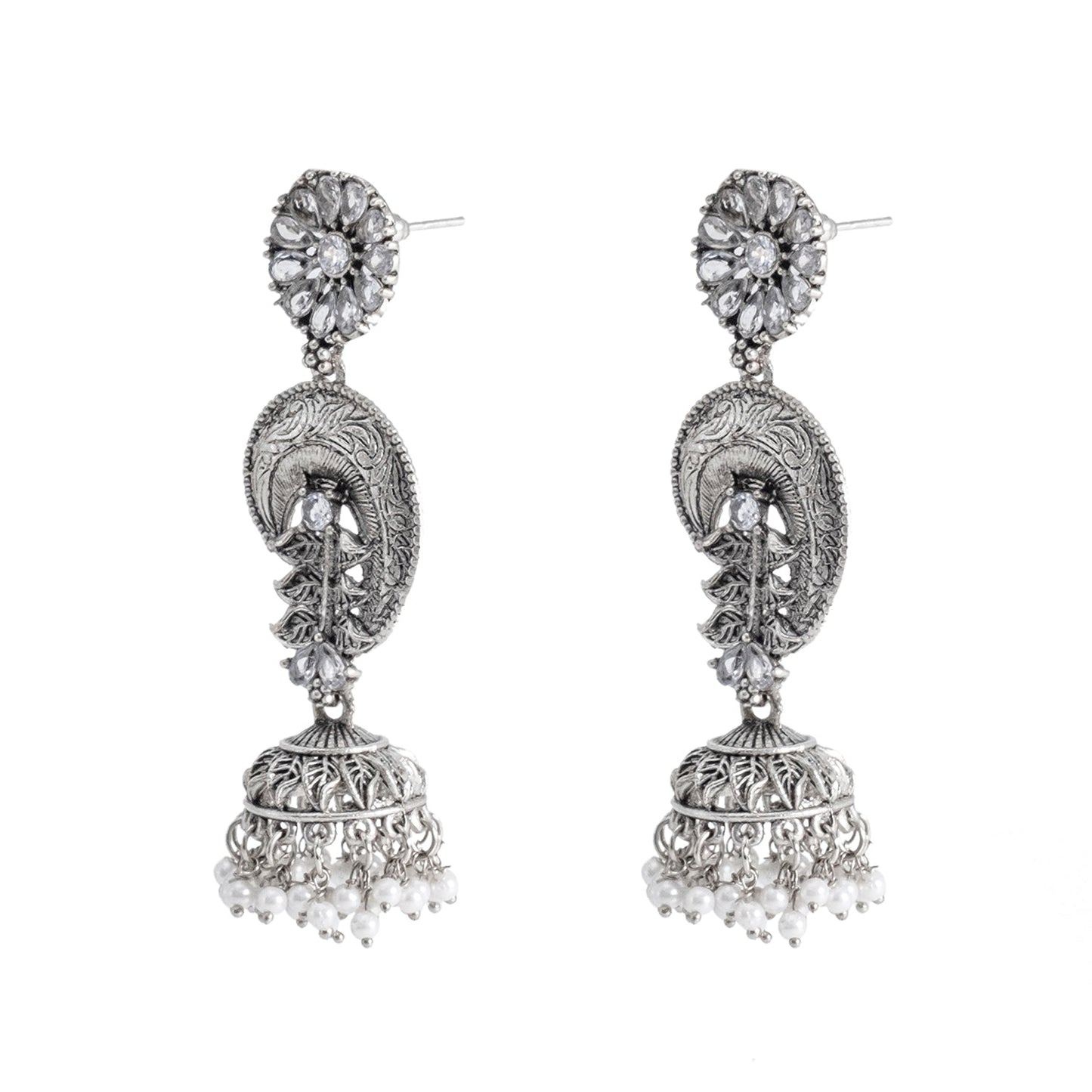 Shining Jewel Traditional Indian Matte Silver Oxidised CZ, Crystal Studded Temple Jhumka Earring For Women - Silver White (SJE_124_S_W)