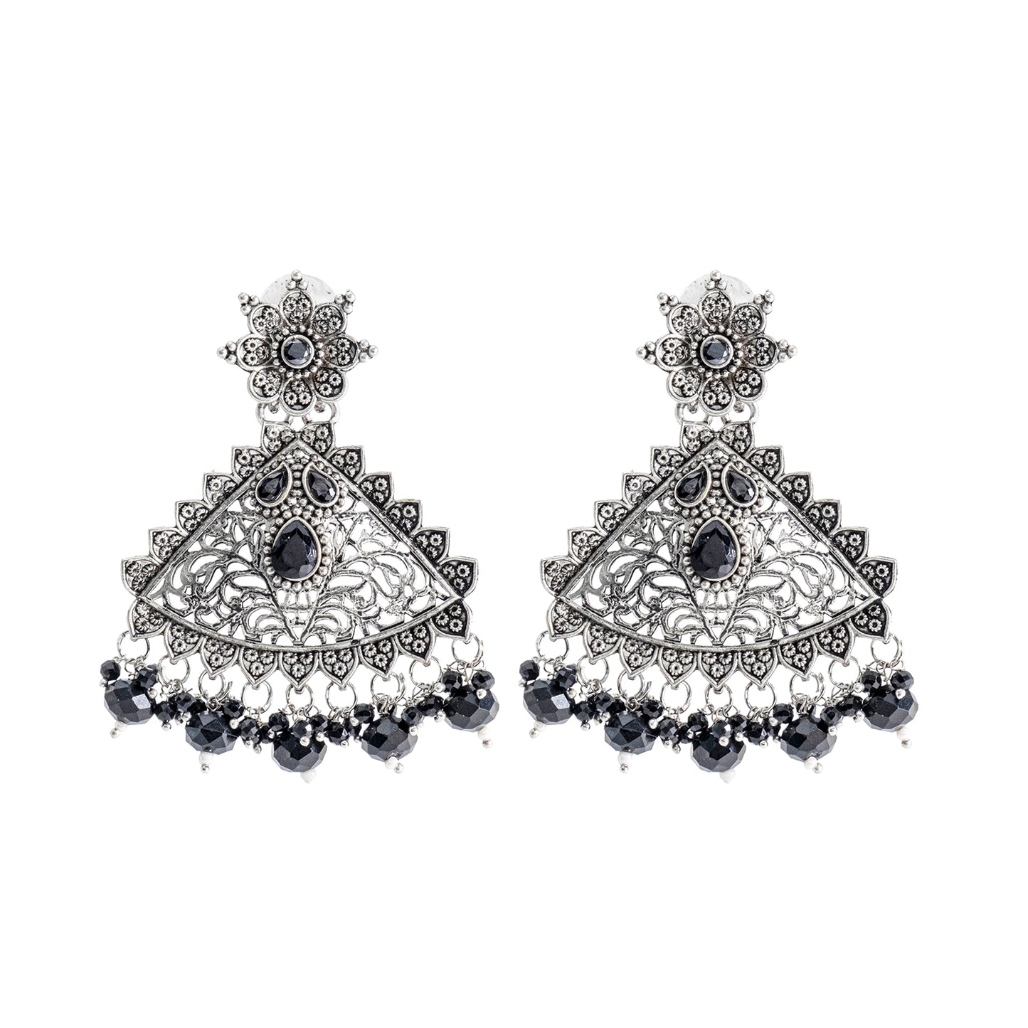 Traditional Indian Matte Silver Oxidised CZ Crystal Studded Drop Earring For Women - Silver  Maroon (SJE_125_S_M)