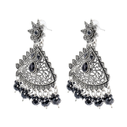 Traditional Indian Matte Silver Oxidised CZ Crystal Studded Drop Earring For Women - Silver  Maroon (SJE_125_S_M)