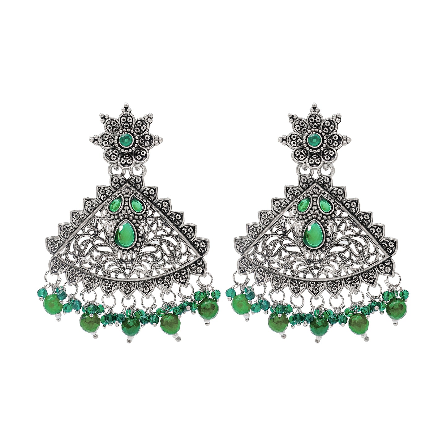 Traditional Indian Matte Silver Oxidised CZ Crystal Studded Drop Earring For Women - Silver  Maroon (SJE_125_S_M)