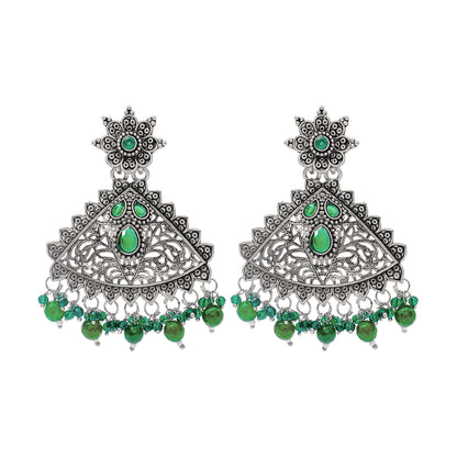 Traditional Indian Matte Silver Oxidised CZ Crystal Studded Drop Earring For Women - Silver  Maroon (SJE_125_S_M)