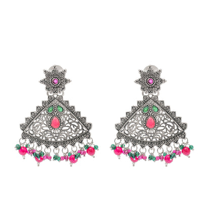 Traditional Indian Matte Silver Oxidised CZ Crystal Studded Drop Earring For Women - Silver  Maroon (SJE_125_S_M)