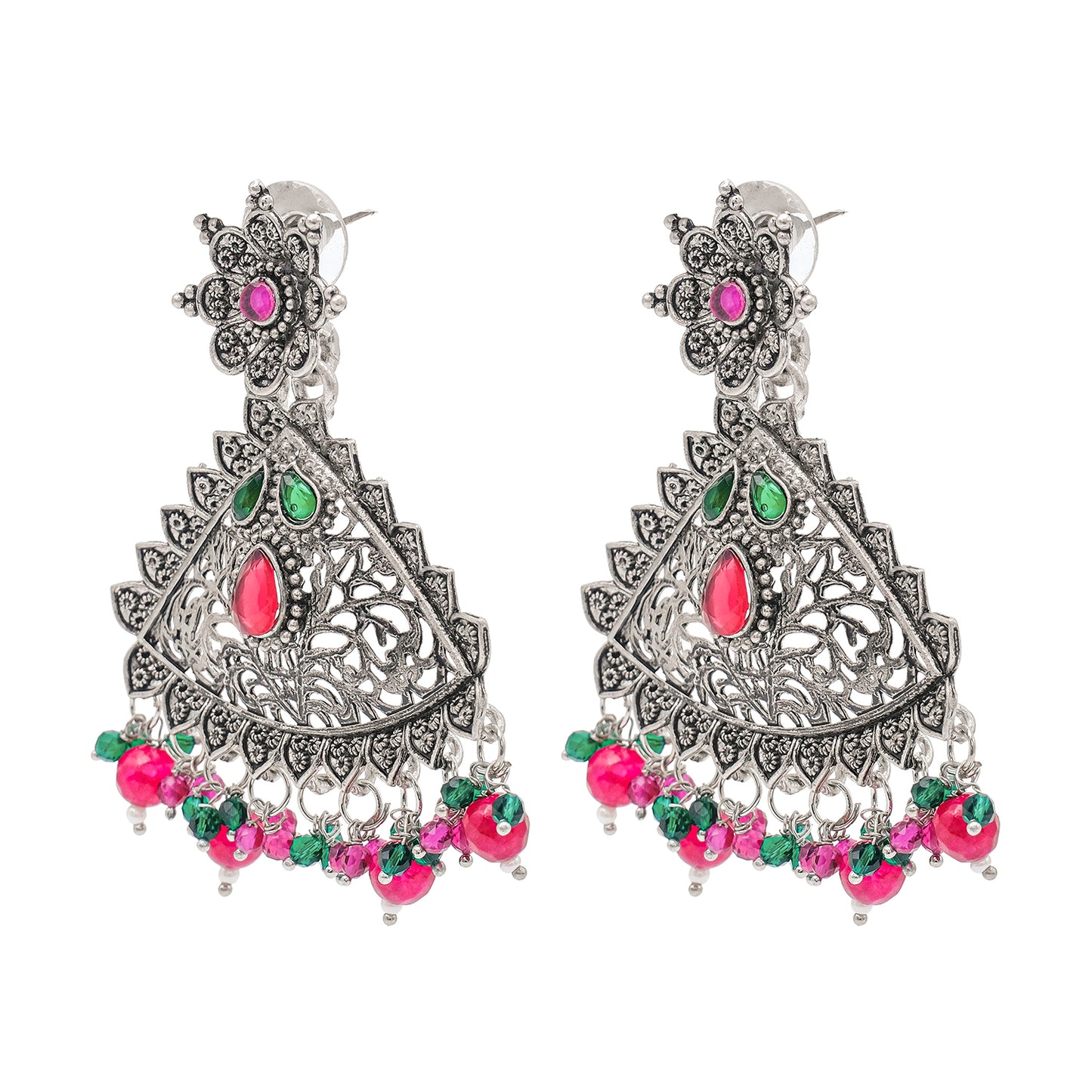 Traditional Indian Matte Silver Oxidised CZ Crystal Studded Drop Earring For Women - Silver  Maroon (SJE_125_S_M)