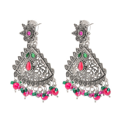 Traditional Indian Matte Silver Oxidised CZ Crystal Studded Drop Earring For Women - Silver  Maroon (SJE_125_S_M)