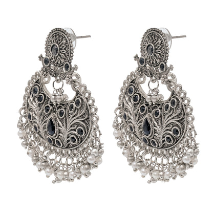Traditional Indian Matte Silver Oxidised CZ  Crystal Studded Chand Bali Earring For Women - Silver Maroon (SJE_126_S_M)