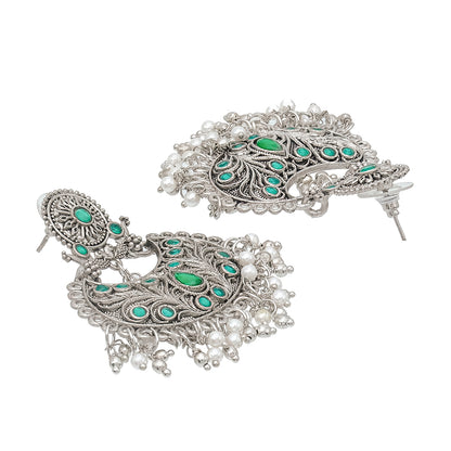 Traditional Indian Matte Silver Oxidised CZ  Crystal Studded Chand Bali Earring For Women - Silver Maroon (SJE_126_S_M)