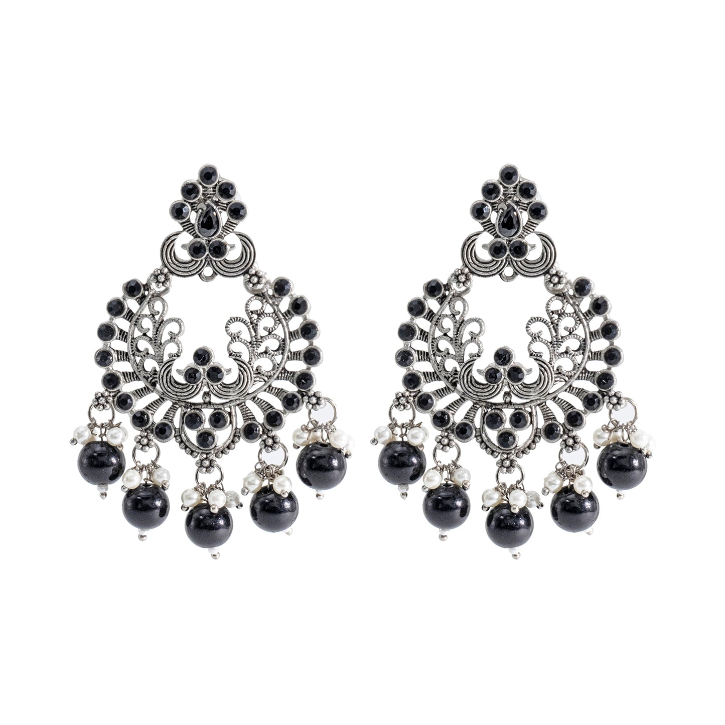 Traditional Indian Matte Silver Oxidised CZ  Crystal Studded Chand Bali Earring For Women -Silver Maroon (SJE_127_S_M)