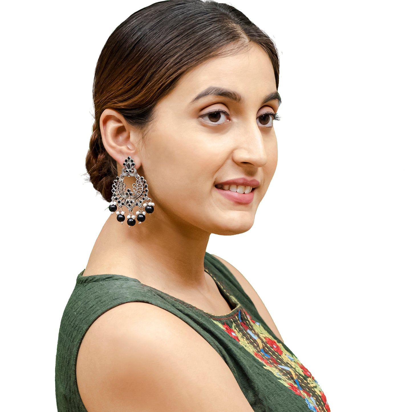 Traditional Indian Matte Silver Oxidised CZ  Crystal Studded Chand Bali Earring For Women -Silver Maroon (SJE_127_S_M)