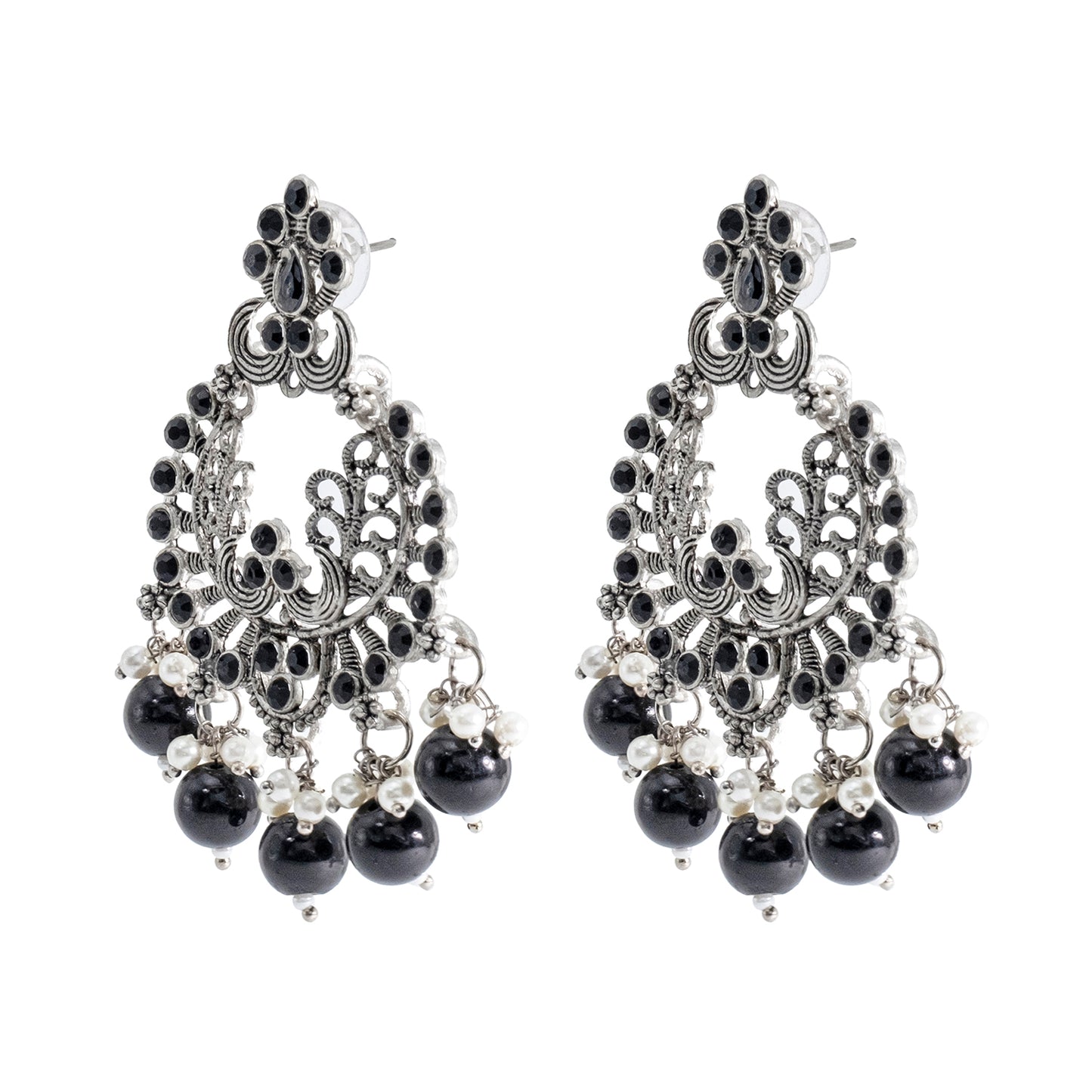 Traditional Indian Matte Silver Oxidised CZ  Crystal Studded Chand Bali Earring For Women -Silver Maroon (SJE_127_S_M)