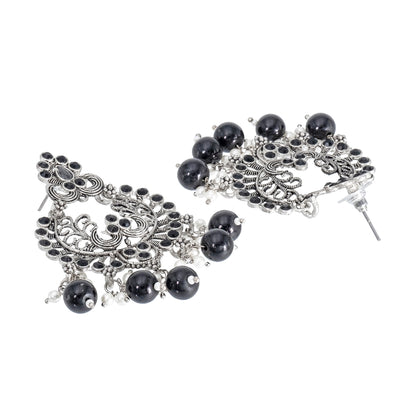 Traditional Indian Matte Silver Oxidised CZ  Crystal Studded Chand Bali Earring For Women -Silver Maroon (SJE_127_S_M)