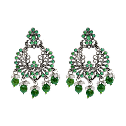 Traditional Indian Matte Silver Oxidised CZ  Crystal Studded Chand Bali Earring For Women -Silver Maroon (SJE_127_S_M)