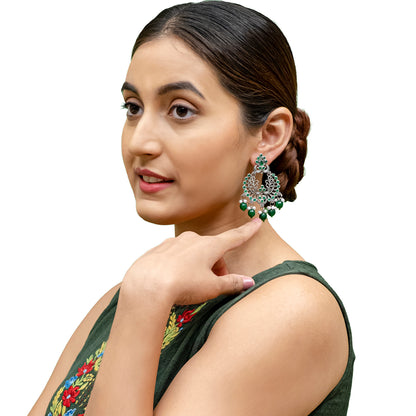 Traditional Indian Matte Silver Oxidised CZ  Crystal Studded Chand Bali Earring For Women -Silver Maroon (SJE_127_S_M)