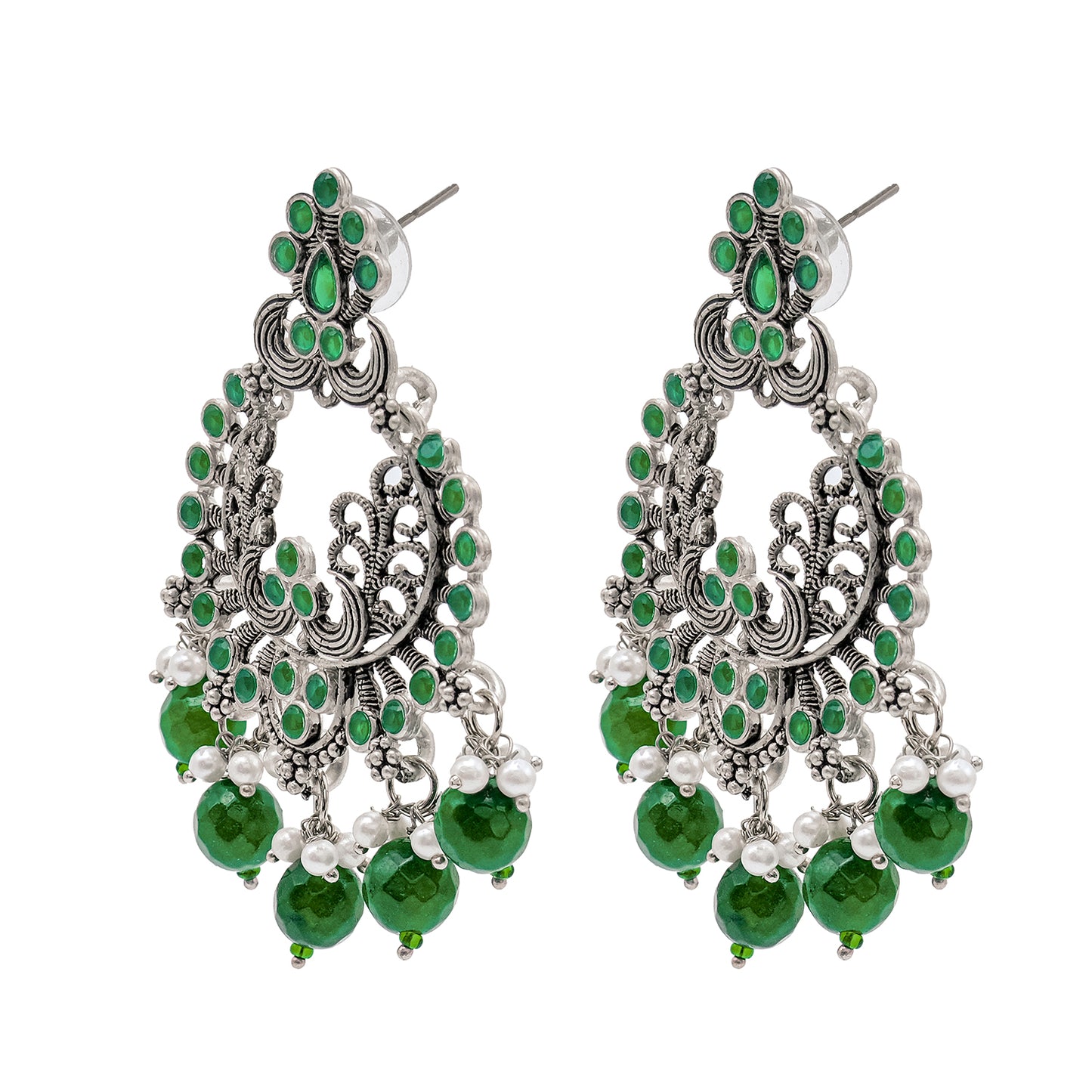 Traditional Indian Matte Silver Oxidised CZ  Crystal Studded Chand Bali Earring For Women -Silver Maroon (SJE_127_S_M)