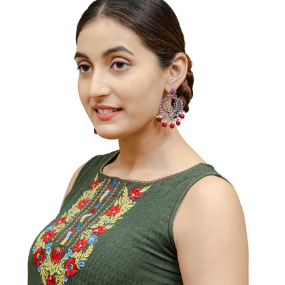 Traditional Indian Matte Silver Oxidised CZ  Crystal Studded Chand Bali Earring For Women -Silver Maroon (SJE_127_S_M)