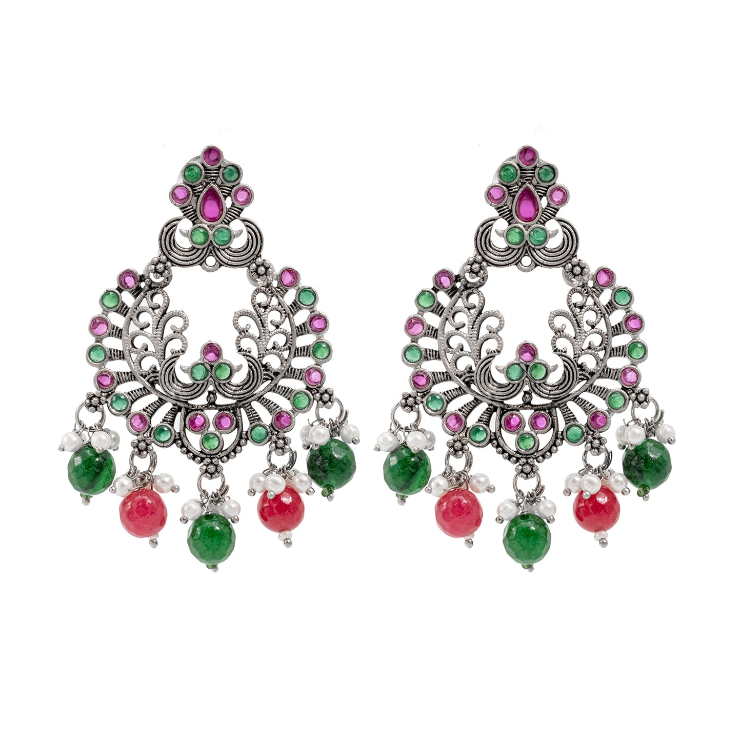 Traditional Indian Matte Silver Oxidised CZ  Crystal Studded Chand Bali Earring For Women -Silver Maroon (SJE_127_S_M)