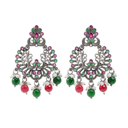 Traditional Indian Matte Silver Oxidised CZ  Crystal Studded Chand Bali Earring For Women -Silver Maroon (SJE_127_S_M)