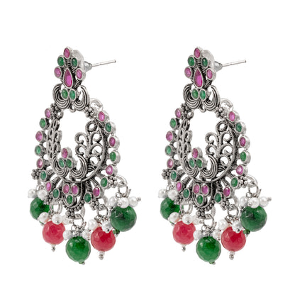 Traditional Indian Matte Silver Oxidised CZ  Crystal Studded Chand Bali Earring For Women -Silver Maroon (SJE_127_S_M)