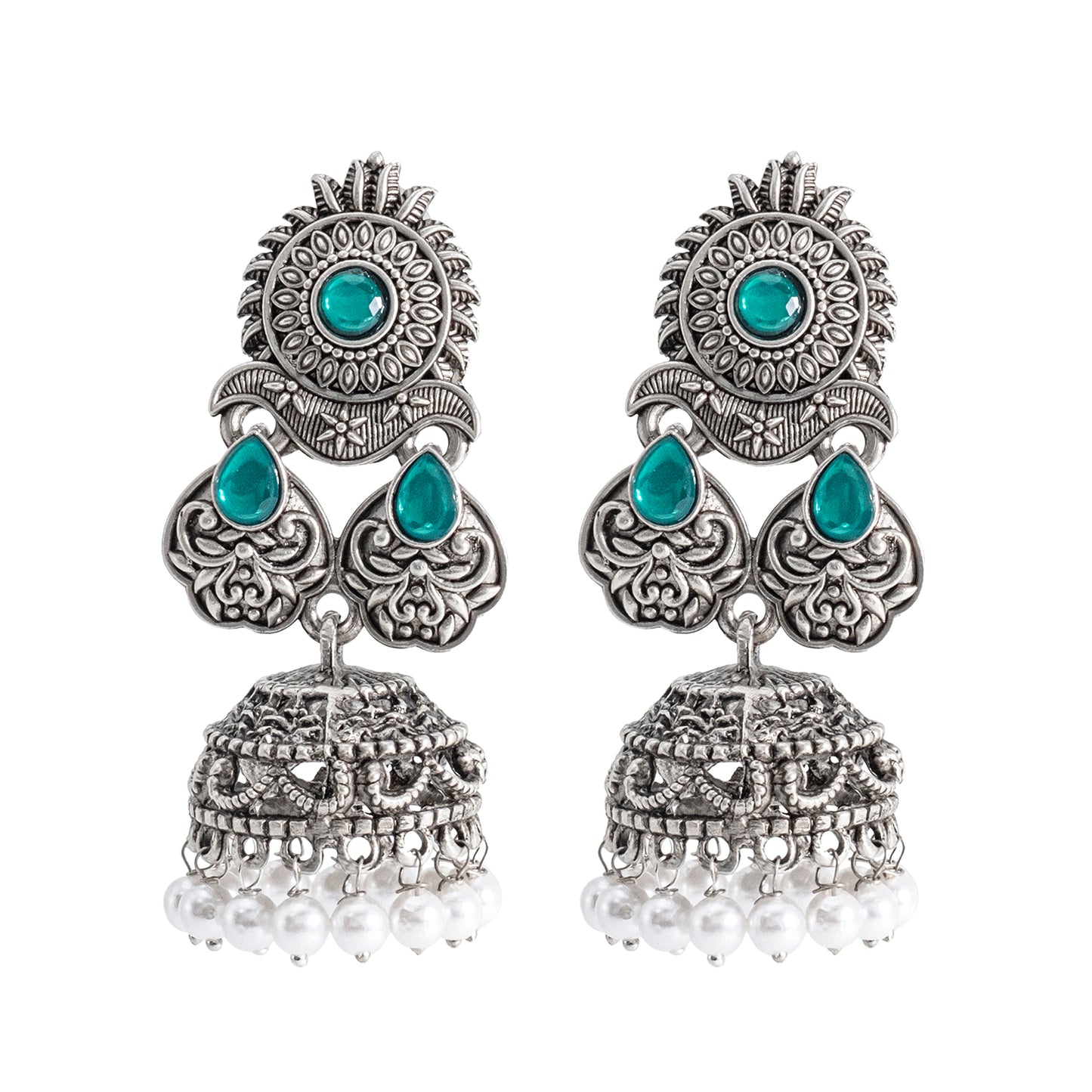 Traditional Indian Matte Silver Oxidised CZ Crystal Studded Jhumka Earring For Women-(SJE_128_S_W)