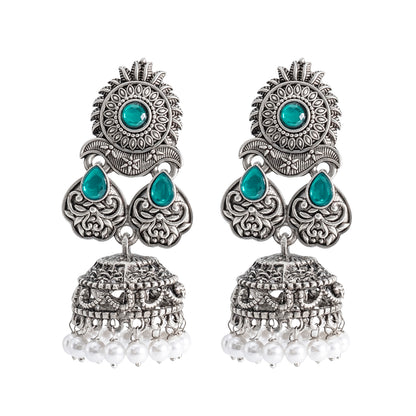 Traditional Indian Matte Silver Oxidised CZ Crystal Studded Jhumka Earring For Women-(SJE_128_S_W)