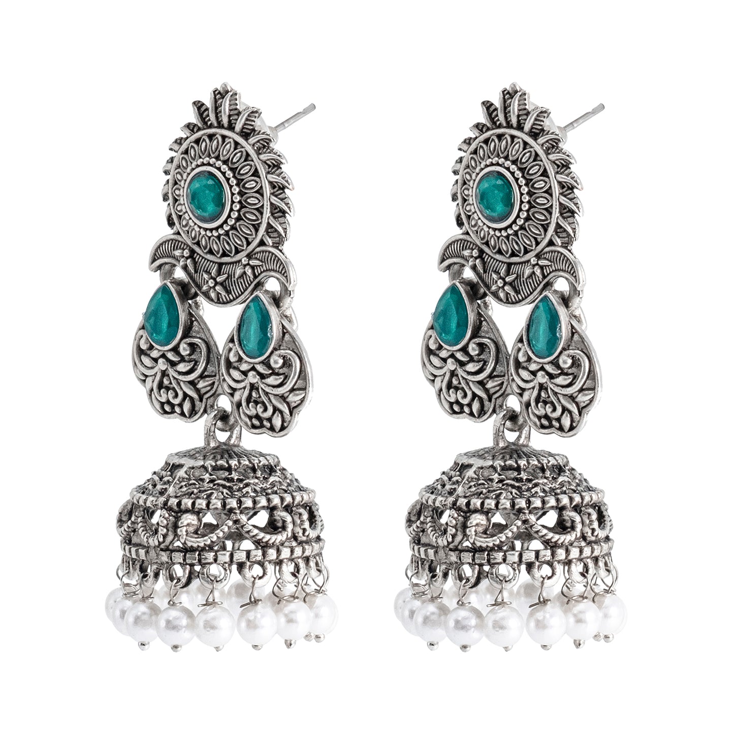 Traditional Indian Matte Silver Oxidised CZ Crystal Studded Jhumka Earring For Women-(SJE_128_S_W)