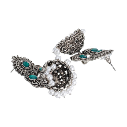 Traditional Indian Matte Silver Oxidised CZ Crystal Studded Jhumka Earring For Women-(SJE_128_S_W)