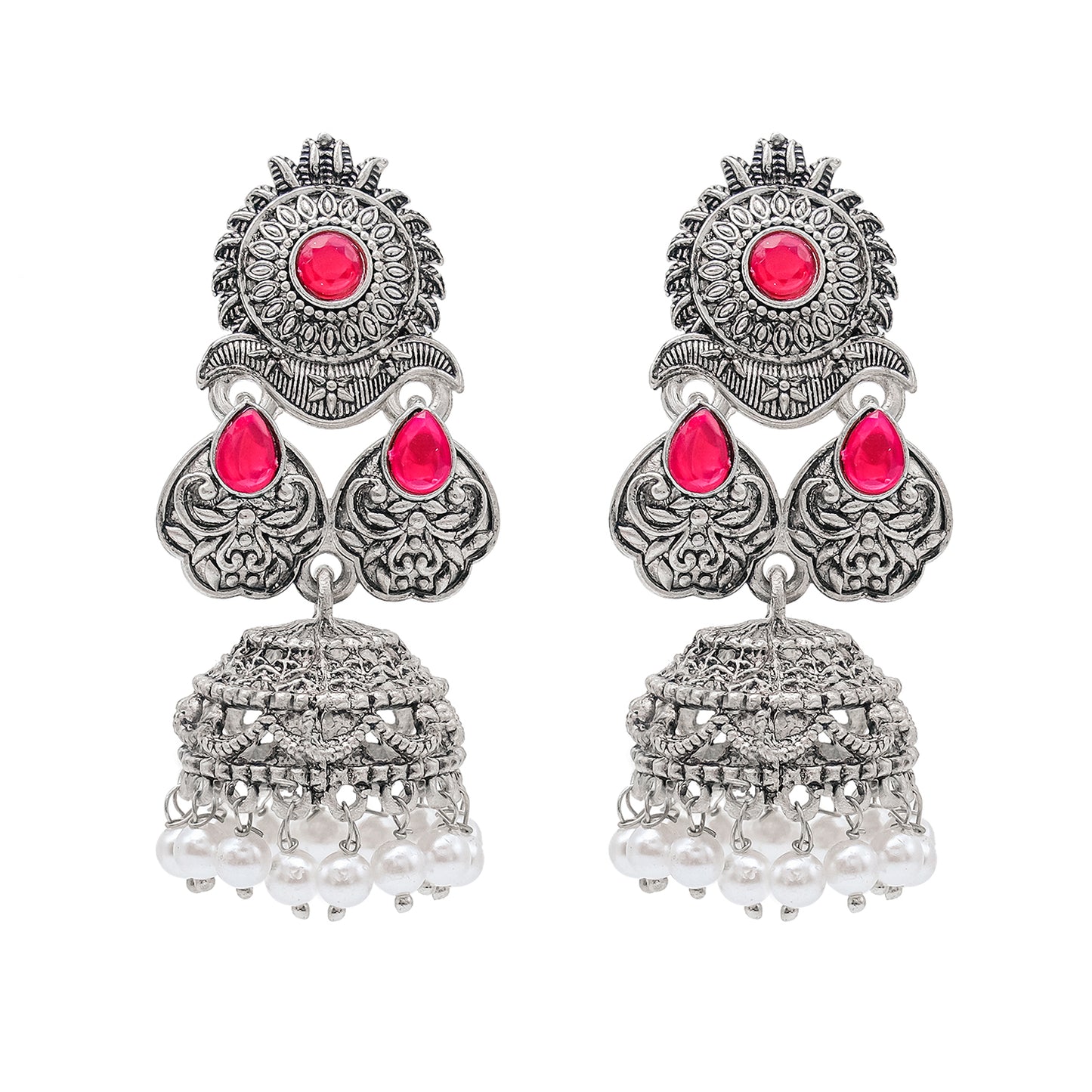 Traditional Indian Matte Silver Oxidised CZ Crystal Studded Jhumka Earring For Women-(SJE_128_S_W)