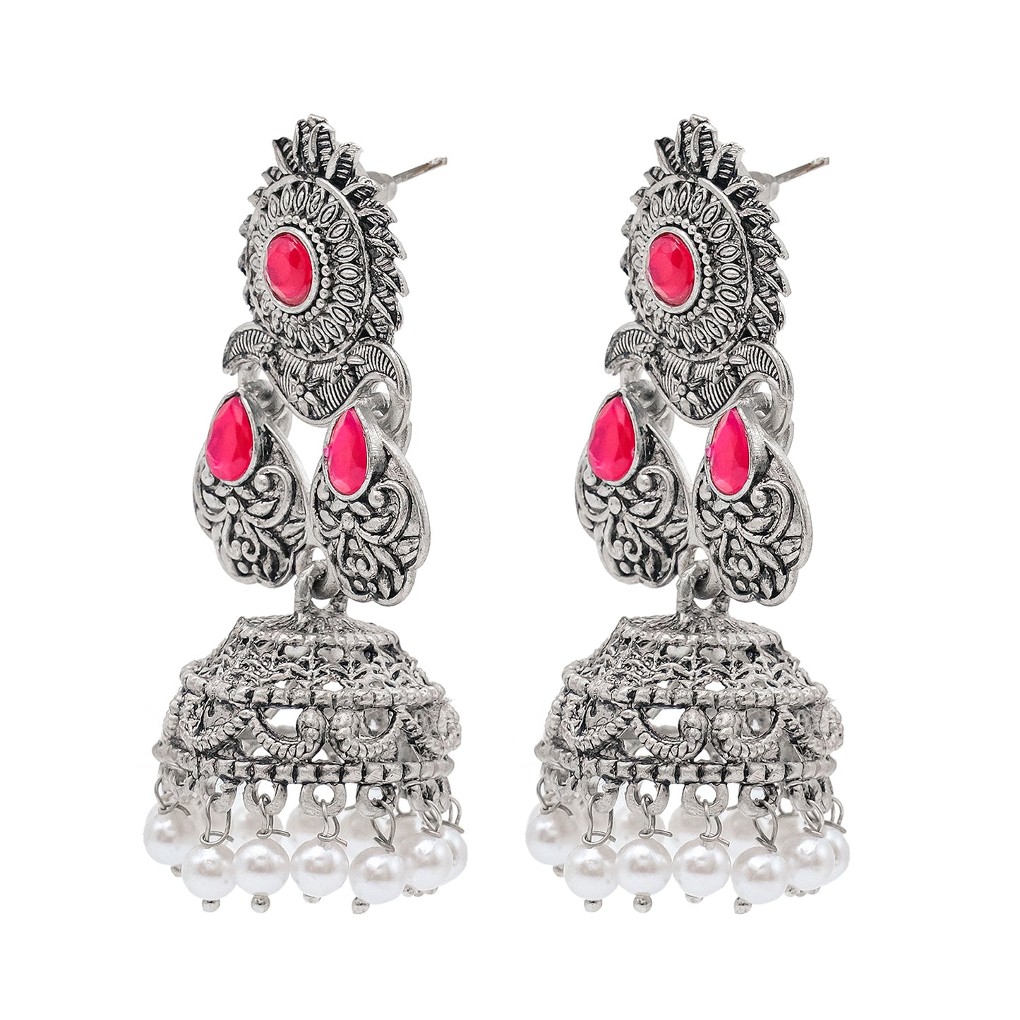 Traditional Indian Matte Silver Oxidised CZ Crystal Studded Jhumka Earring For Women-(SJE_128_S_W)