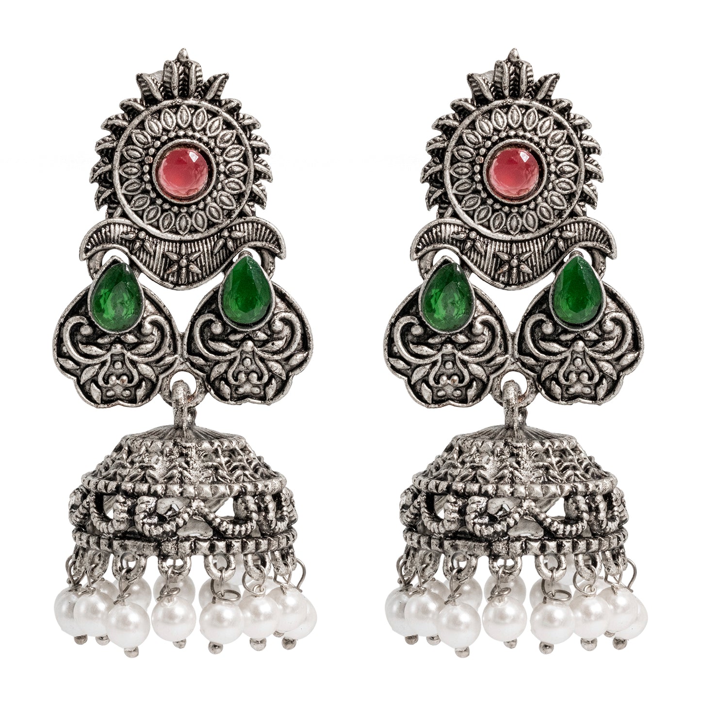 Traditional Indian Matte Silver Oxidised CZ Crystal Studded Jhumka Earring For Women-(SJE_128_S_W)