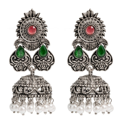 Traditional Indian Matte Silver Oxidised CZ Crystal Studded Jhumka Earring For Women-(SJE_128_S_W)