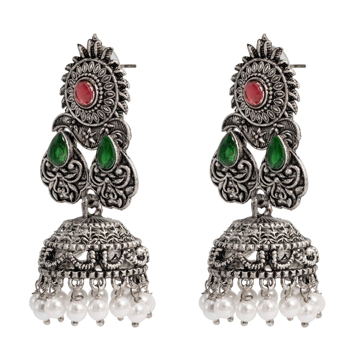 Traditional Indian Matte Silver Oxidised CZ Crystal Studded Jhumka Earring For Women-(SJE_128_S_W)