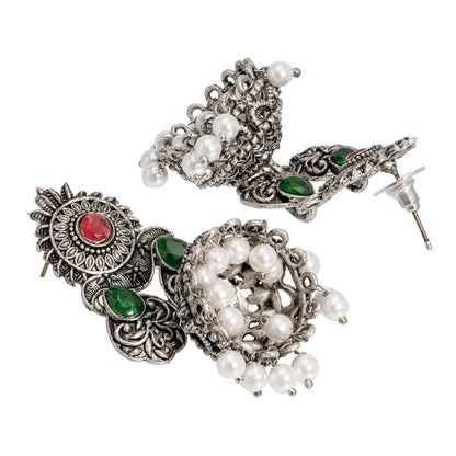 Traditional Indian Matte Silver Oxidised CZ Crystal Studded Jhumka Earring For Women-(SJE_128_S_W)