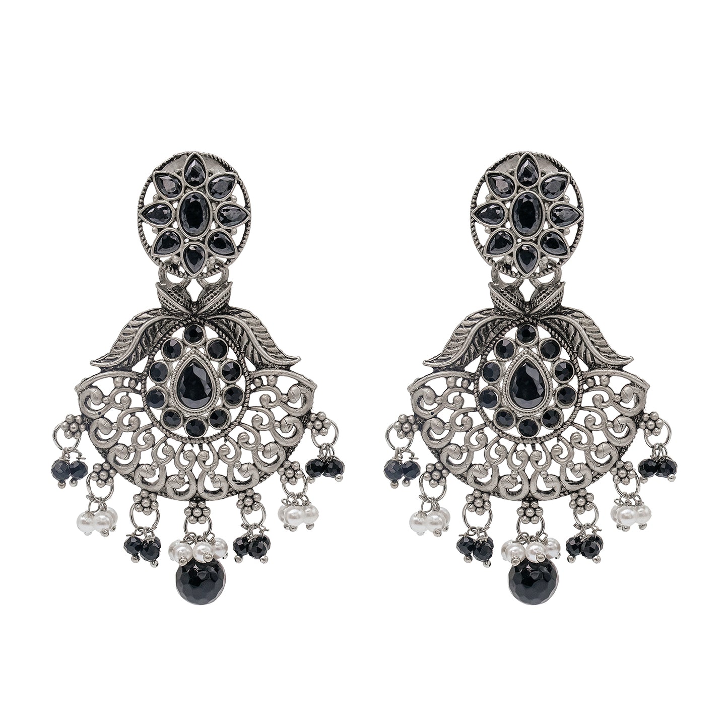 Traditional Indian Matte Silver Oxidised CZ Crystal Studded Drop Earring For Women - Silver  Maroon (SJE_129_S_M)