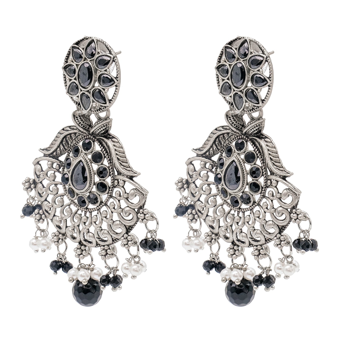 Traditional Indian Matte Silver Oxidised CZ Crystal Studded Drop Earring For Women - Silver  Maroon (SJE_129_S_M)