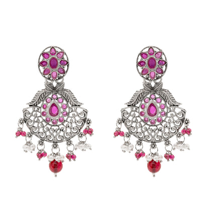 Traditional Indian Matte Silver Oxidised CZ Crystal Studded Drop Earring For Women - Silver  Maroon (SJE_129_S_M)