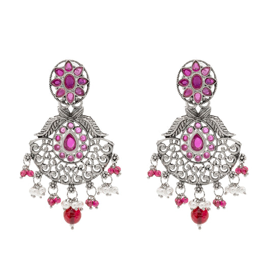 Traditional Indian Matte Silver Oxidised CZ Crystal Studded Drop Earring For Women - Silver  Maroon (SJE_129_S_M)