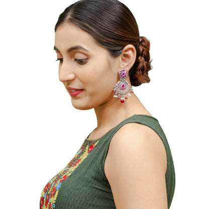 Traditional Indian Matte Silver Oxidised CZ Crystal Studded Drop Earring For Women - Silver  Maroon (SJE_129_S_M)