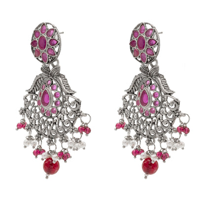 Traditional Indian Matte Silver Oxidised CZ Crystal Studded Drop Earring For Women - Silver  Maroon (SJE_129_S_M)