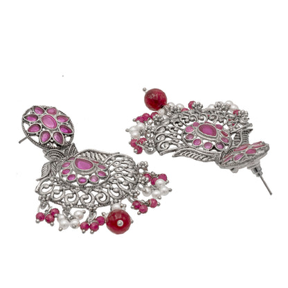 Traditional Indian Matte Silver Oxidised CZ Crystal Studded Drop Earring For Women - Silver  Maroon (SJE_129_S_M)