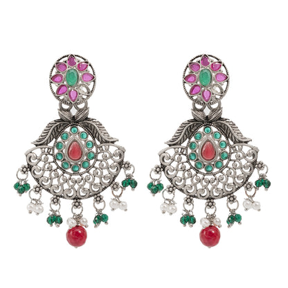 Traditional Indian Matte Silver Oxidised CZ Crystal Studded Drop Earring For Women - Silver  Maroon (SJE_129_S_M)