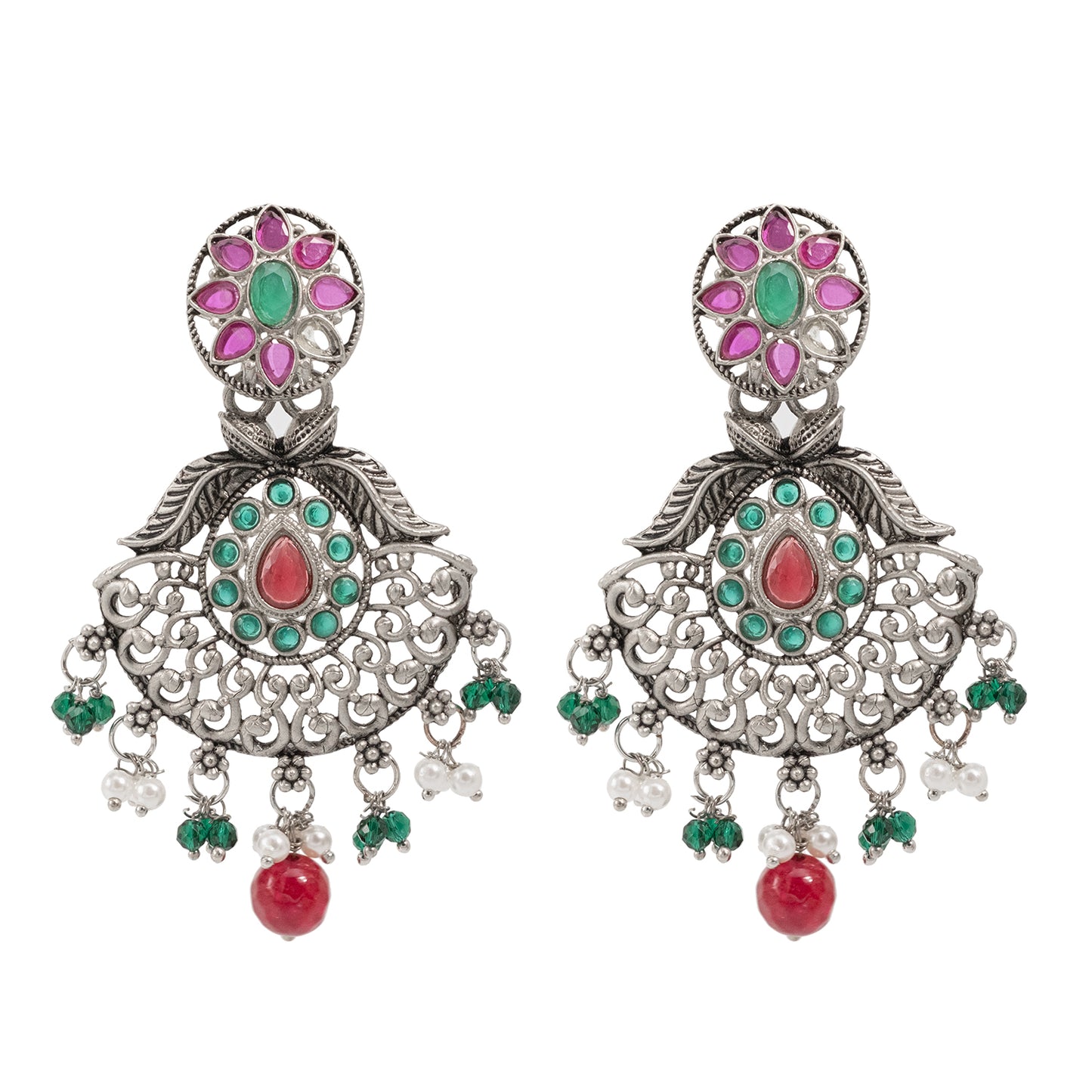 Traditional Indian Matte Silver Oxidised CZ Crystal Studded Drop Earring For Women - Silver  Maroon (SJE_129_S_M)