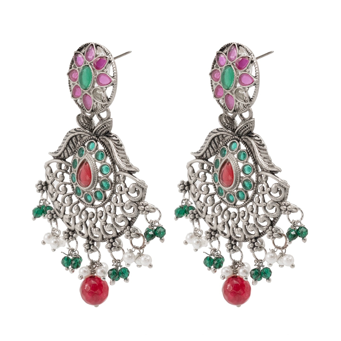 Traditional Indian Matte Silver Oxidised CZ Crystal Studded Drop Earring For Women - Silver  Maroon (SJE_129_S_M)