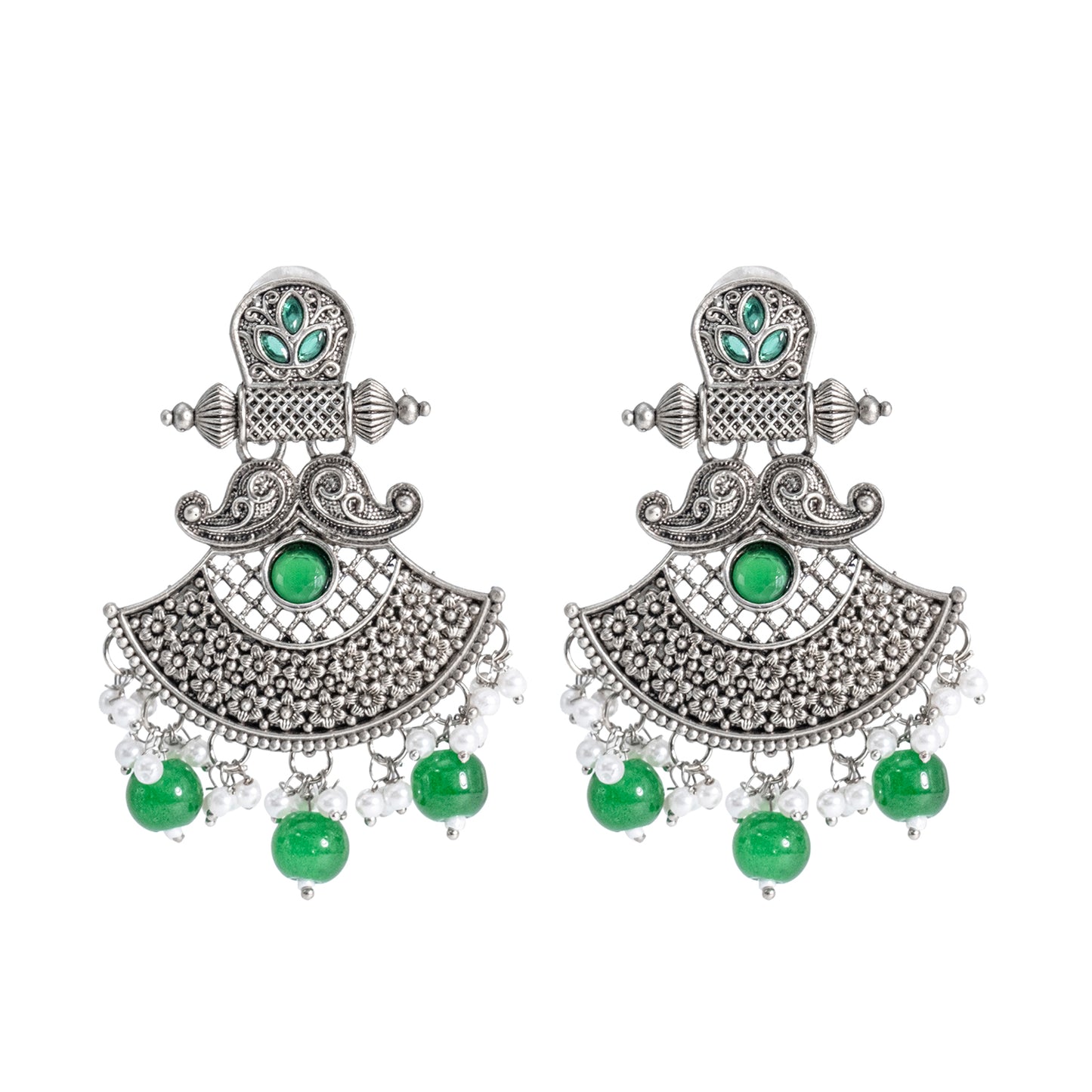 Traditional Indian Matte Silver Oxidised CZ  Crystal Studded Drop Earring For Women - Silver Green (SJE_130_S_G)