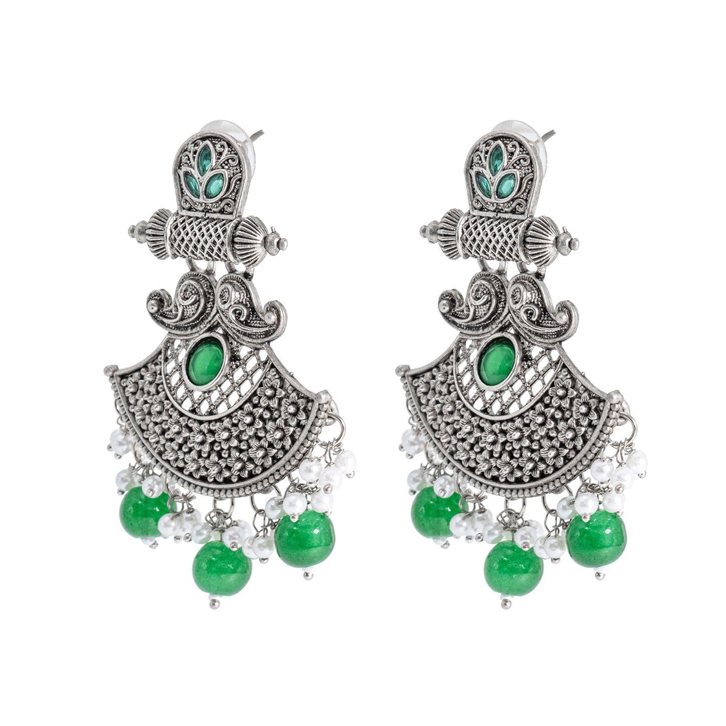 Traditional Indian Matte Silver Oxidised CZ  Crystal Studded Drop Earring For Women - Silver Green (SJE_130_S_G)