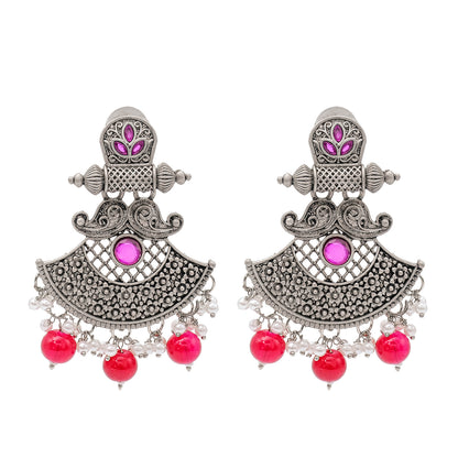 Traditional Indian Matte Silver Oxidised CZ  Crystal Studded Drop Earring For Women - Silver Green (SJE_130_S_G)